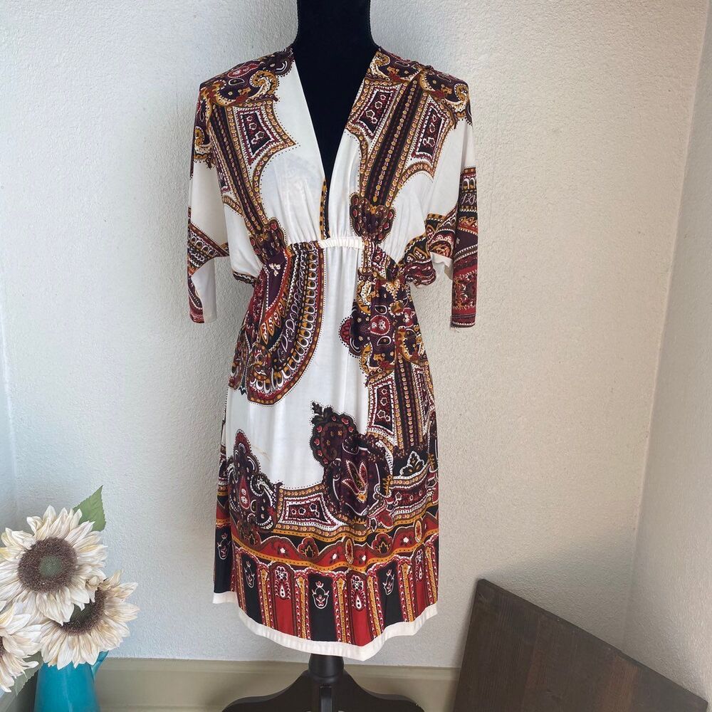 Bohemian V-Neck Dress - White/Multicolor